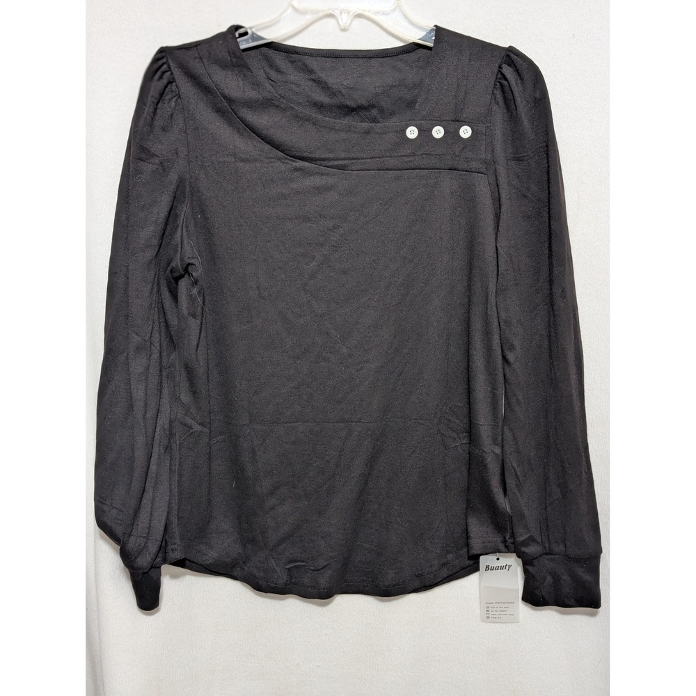 Buauty Women Black Long Sleeve Asymmetrical Button Neck Puff Shoulder Top Small
